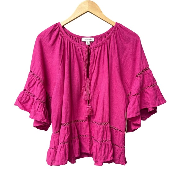 Calligraphie Tops - NWT Calligraphie Linen Blend Blouse Womens M Pink Boho Peasant Tassel Crochet